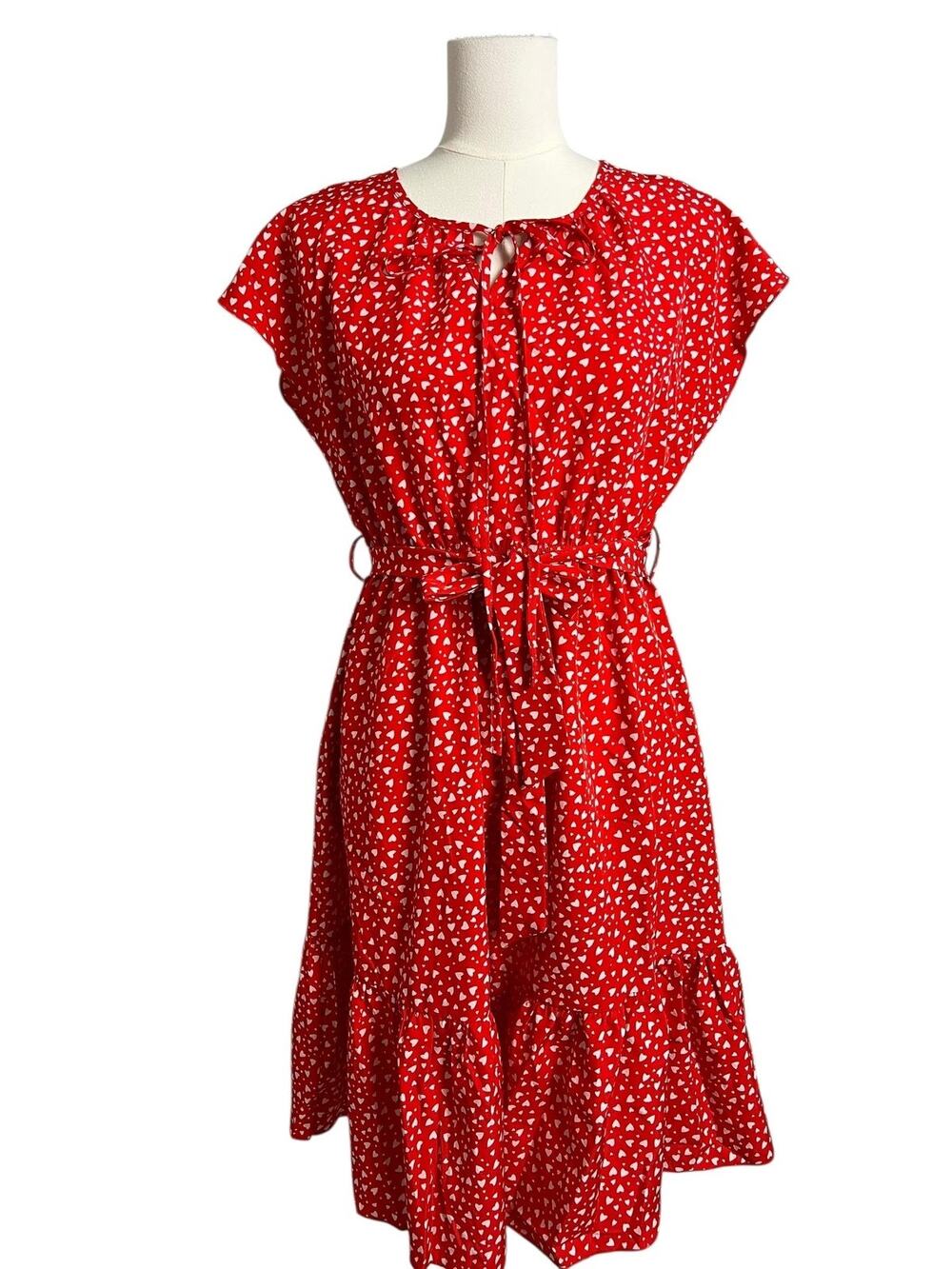 Heart Print Sundress Womens Medium Red Ruffle Tie Waist Valentines Day Hearts